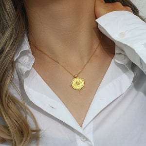 Vintage Compass Sun Pendant 18K Gold Plated Necklace
