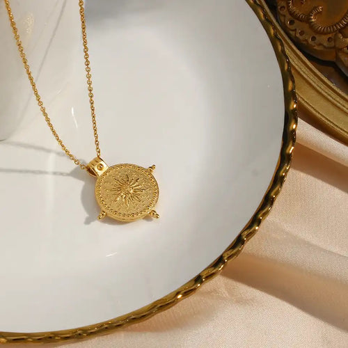 Vintage Compass Sun Pendant 18K Gold Plated Necklace