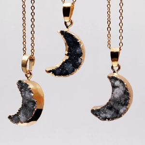 Black Moon Dust druzy crescent moon necklace
