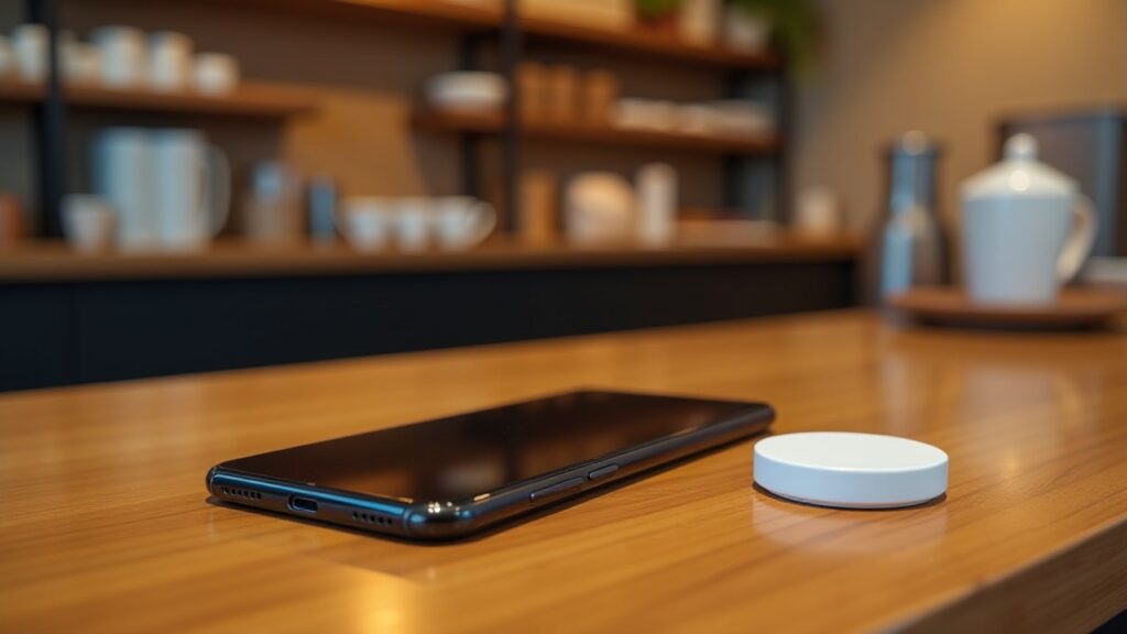 A smartphone lies face down next to a small white round payment terminal on a wooden counter.