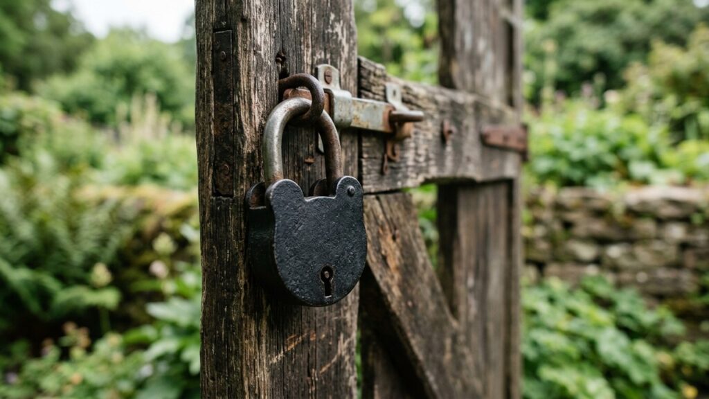 A heavy black iron padlock hangs on the latch of an old wooden garden gate.