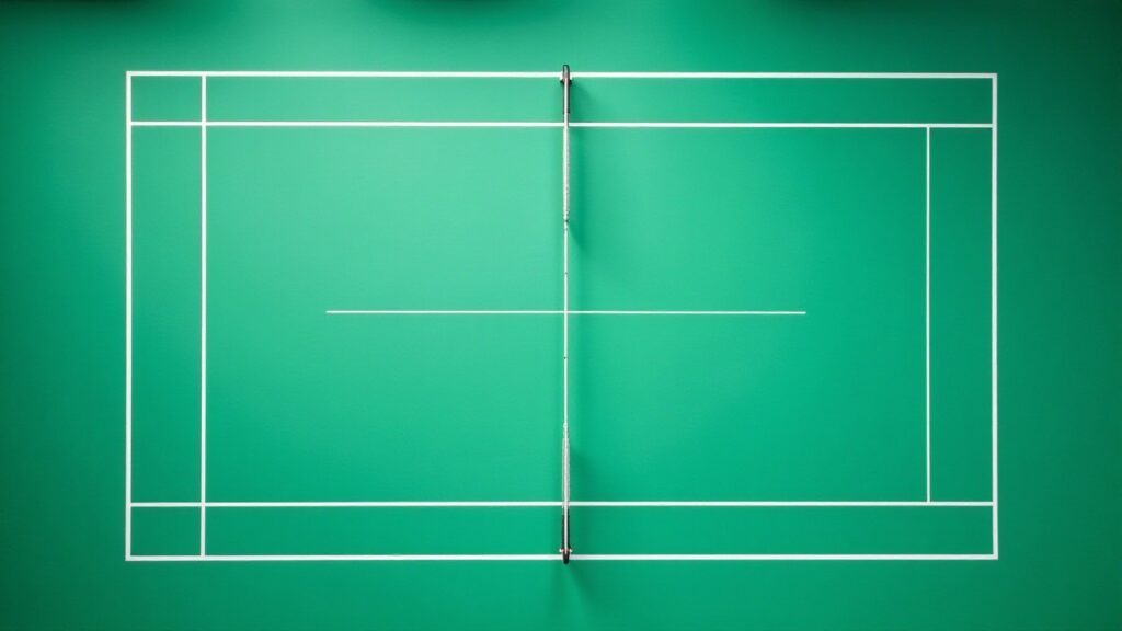 An overhead view of a green badminton court with white lines and a net across the middle.
