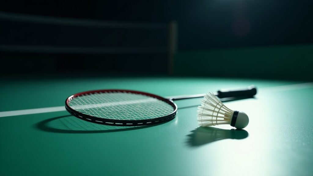 A badminton racket and a shuttlecock lie on a green court under a single light.