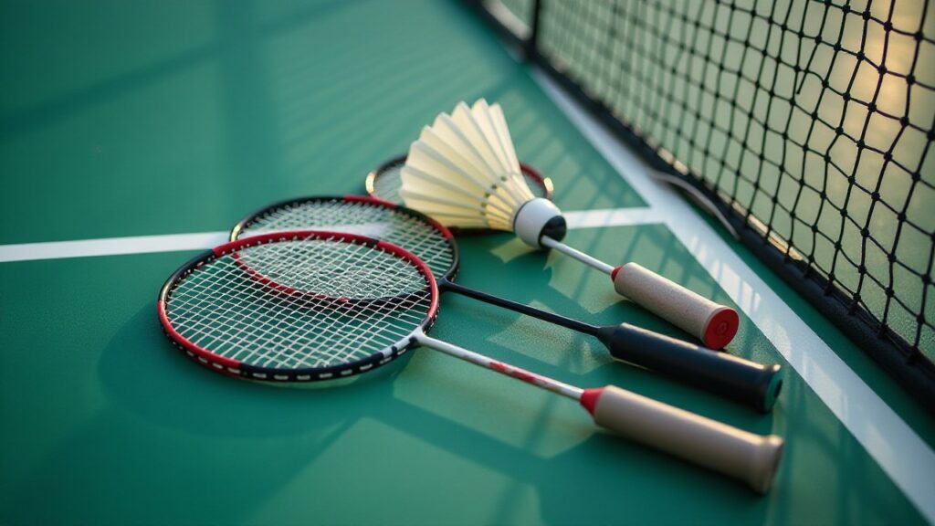 Three badminton rackets and a shuttlecock lie on a green court next to the net.