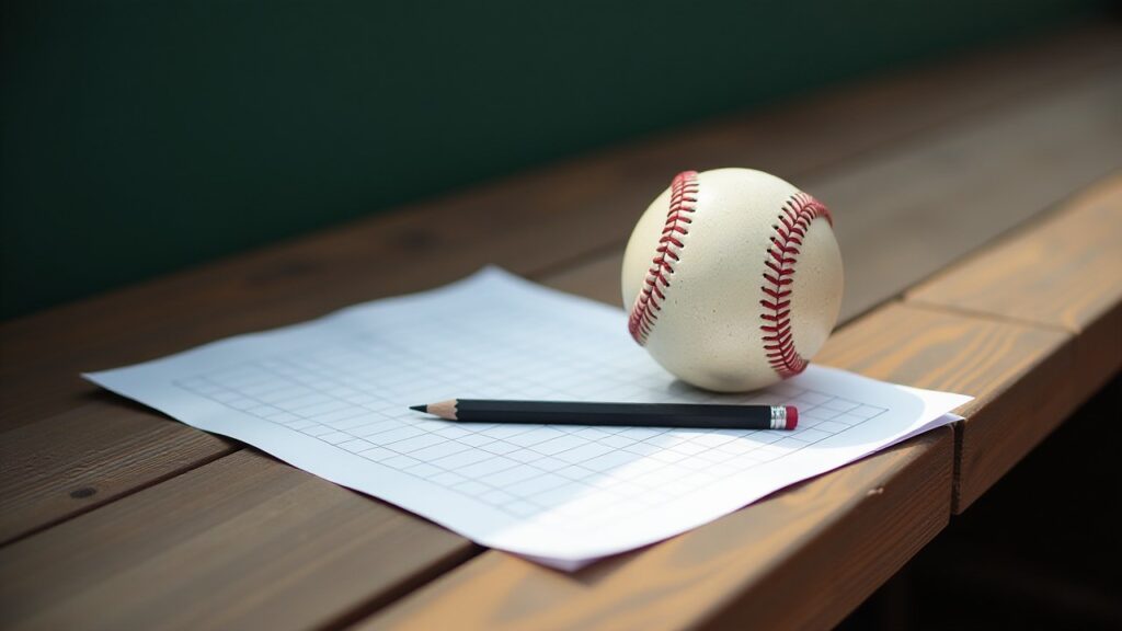 A baseball and a pencil rest on a blank grid score sheet on a wooden dugout bench.