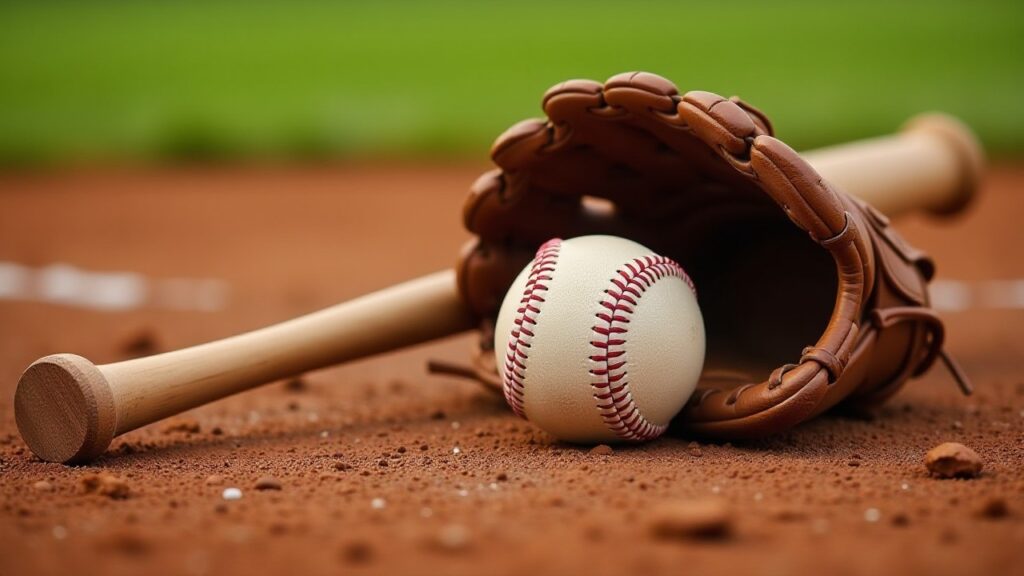 A baseball, a leather glove and a wooden bat lie together on the infield dirt.