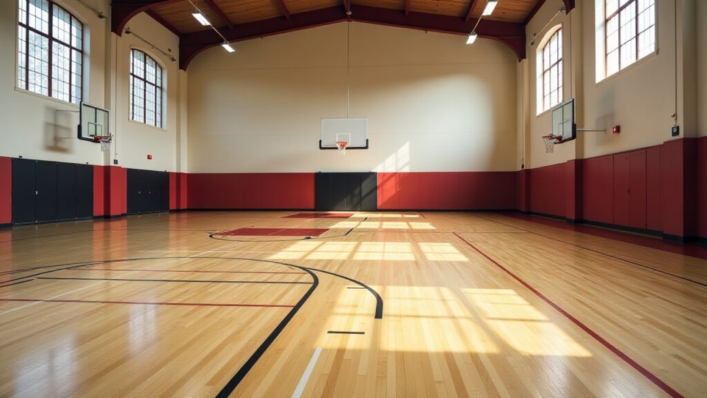 An empty indoor basketball court with wooden floor, painted lines and hoops at each end.