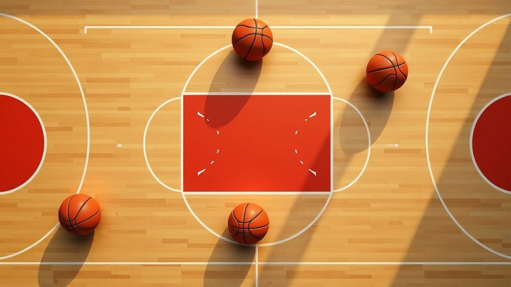 An overhead view of a basketball court with five balls placed around the key.