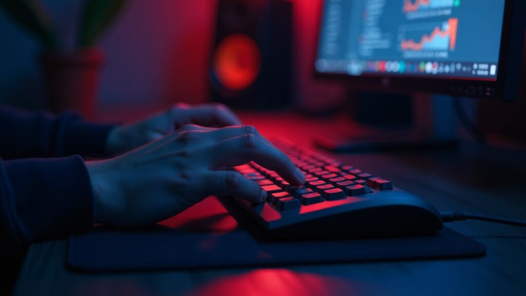 Hands type on a red-lit gaming keyboard in front of a monitor showing charts.