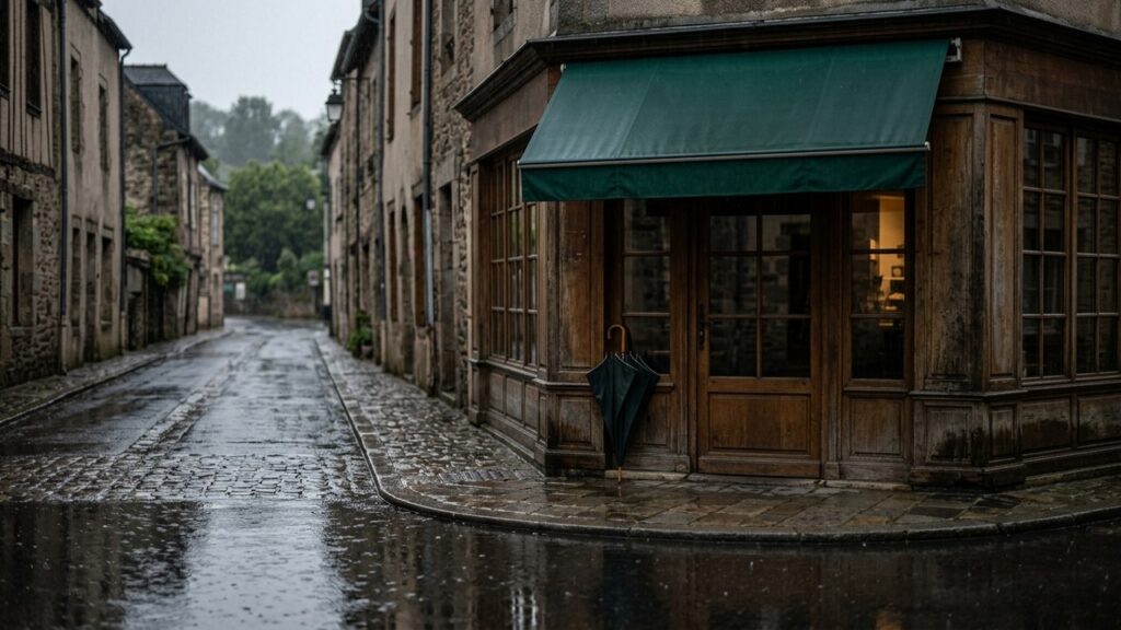 A closed umbrella rests by a wooden shop door under a green awning on a rainy cobbled street.