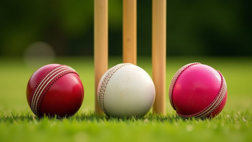 A red, a white and a pink cricket ball sit on the grass in front of the stumps.