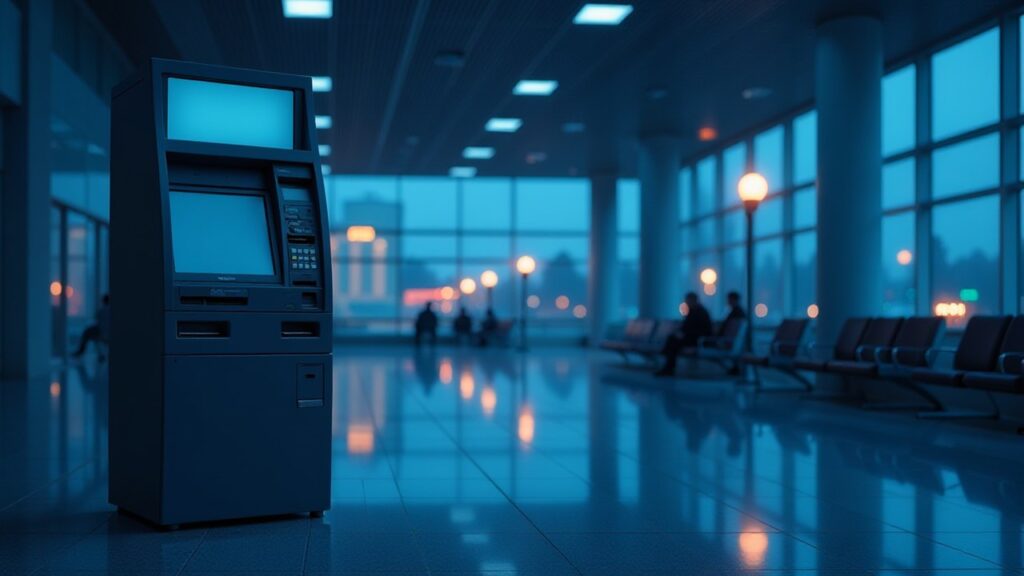 An ATM stands in a quiet airport lobby at night with rows of seats and large windows behind it.