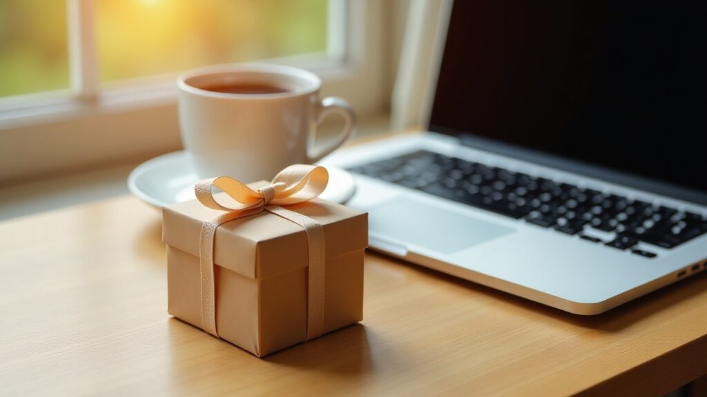A small gift box tied with a ribbon sits in front of a cup of coffee and an open laptop on a wooden desk.