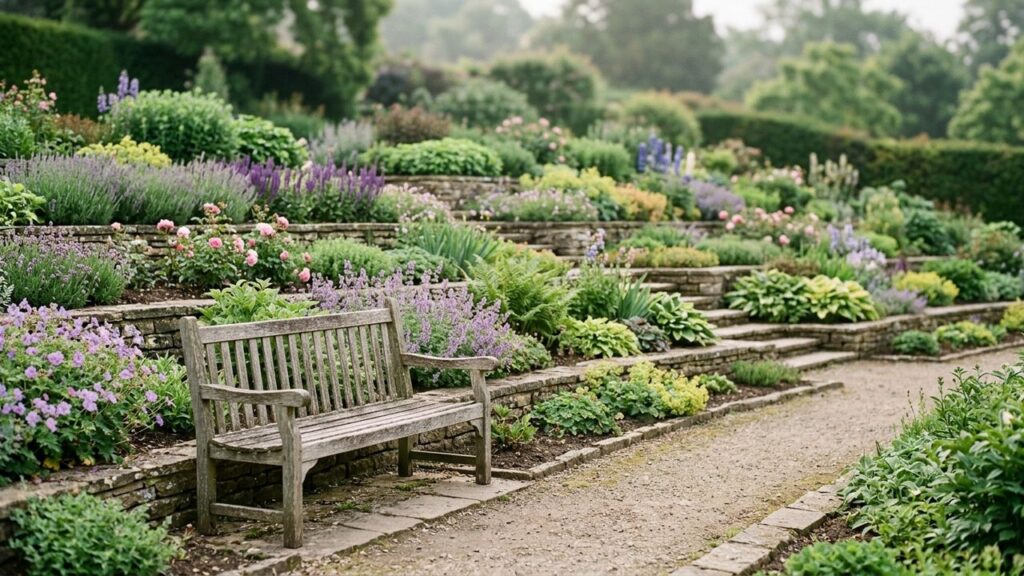 An empty wooden bench faces terraced flower beds beside a gravel path.