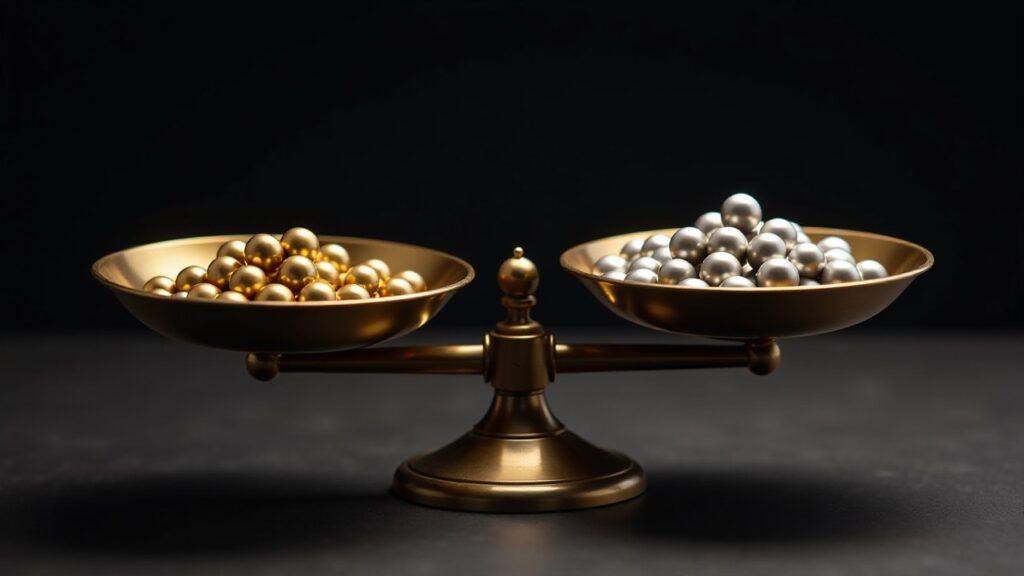 A brass balance scale holds gold-coloured balls in one pan and silver balls in the other.