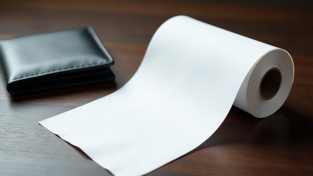 A blank paper receipt roll unrolls across a dark wooden table next to a closed black leather wallet.