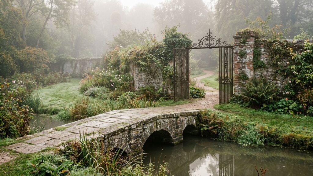A moss-covered stone footbridge crosses still water toward an open wrought-iron garden gate in morning fog.