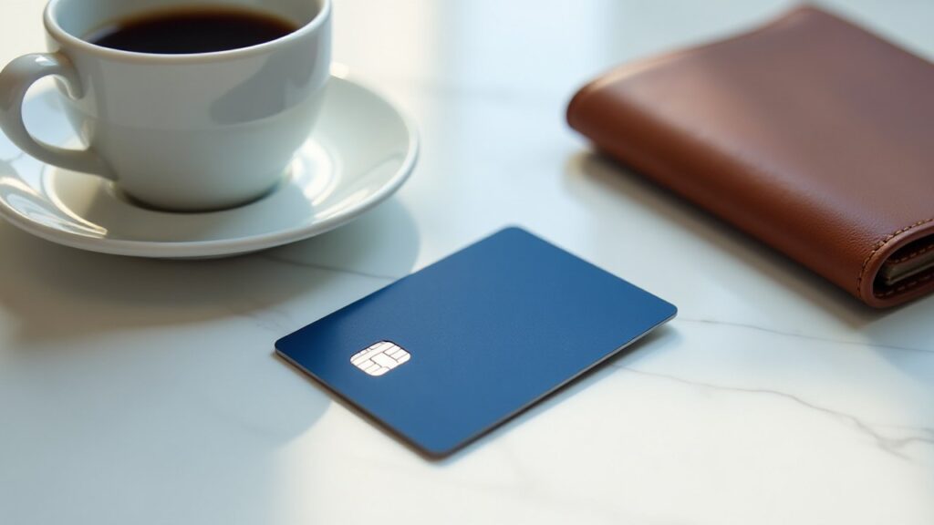 A plain blue payment card lies on marble between a cup of coffee and a brown leather wallet.
