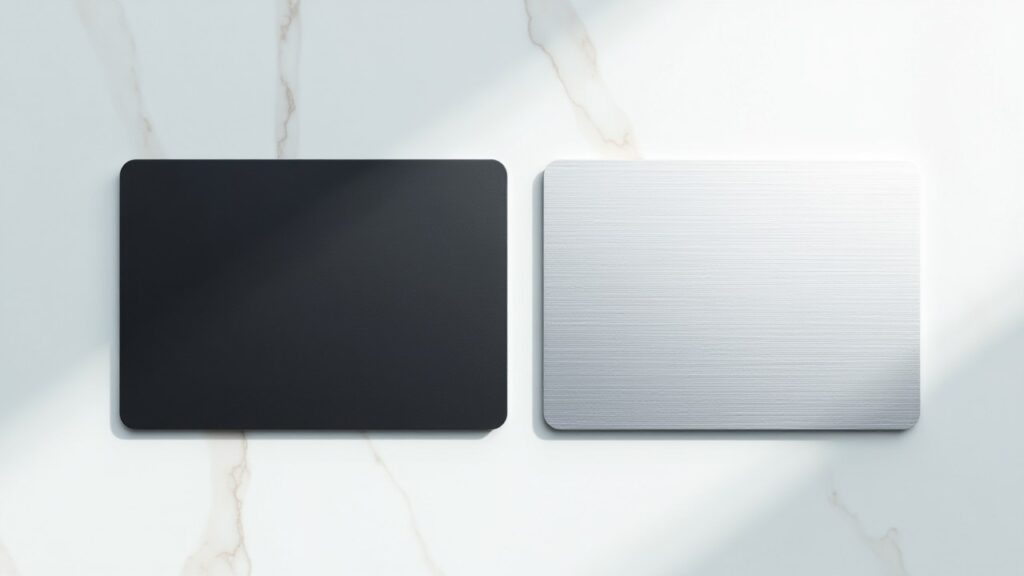 A plain black card and a plain brushed silver card lie side by side on white marble.