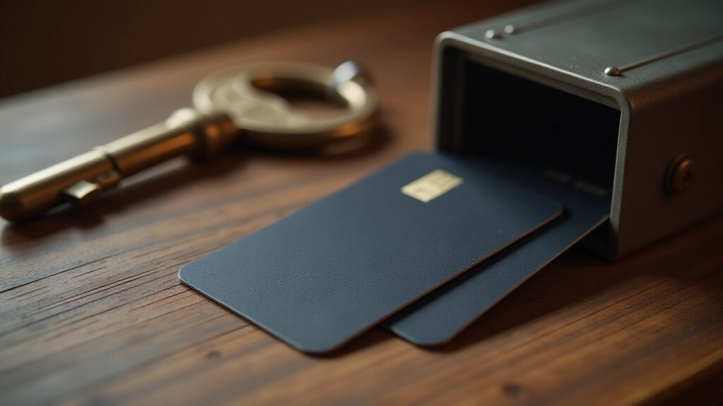 A dark payment card slides out of a small metal safe box next to an old brass key.