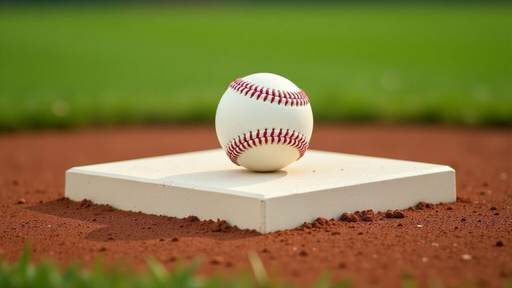 A baseball sits on top of the white pitching rubber on the mound.