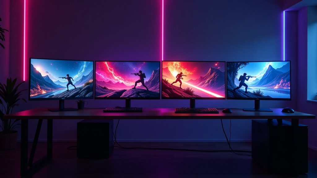 Four monitors showing game scenes sit on a long desk lit by neon strips.