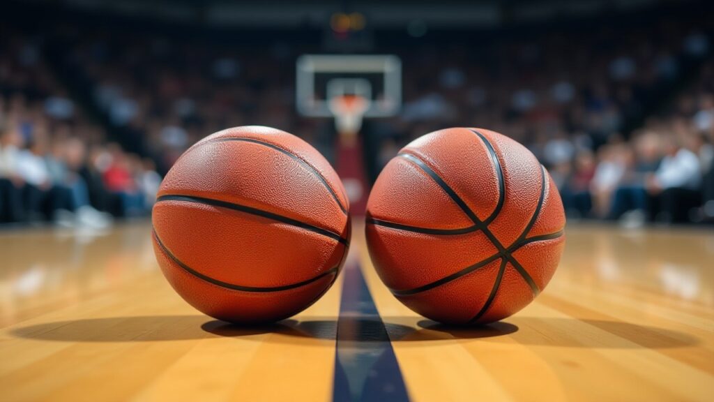 Two basketballs sit side by side on a polished court in front of a hoop and crowd.