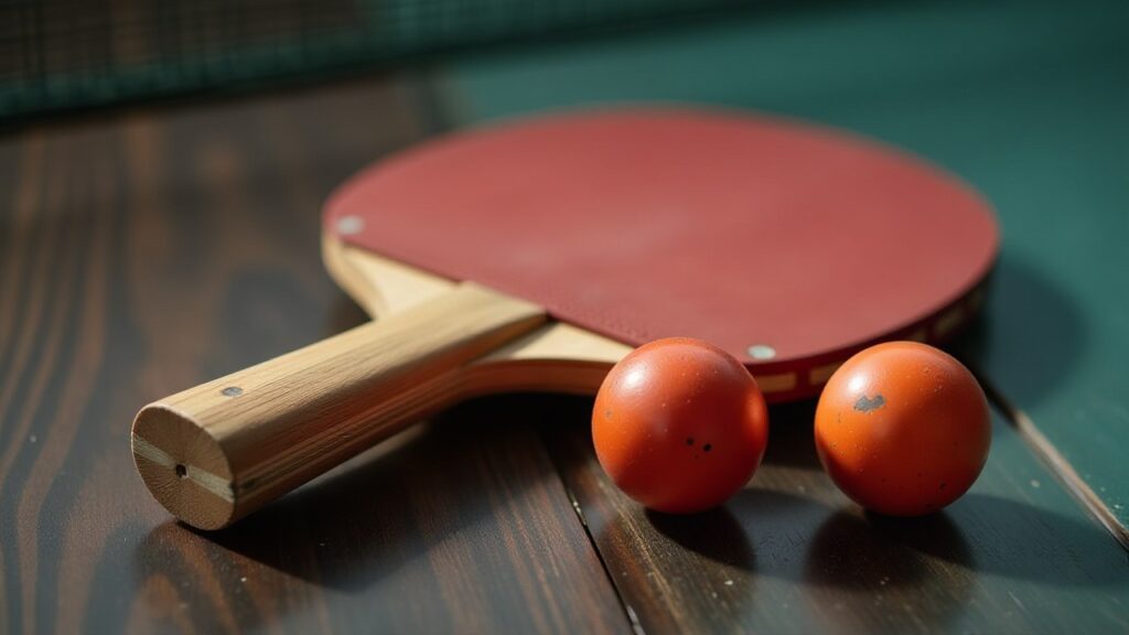 An old wooden paddle with red rubber lies next to two orange balls on a dark table.