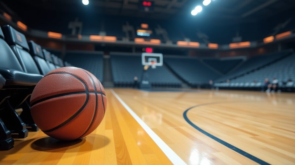 A basketball rests by courtside seats in an empty arena with a hoop in the distance.
