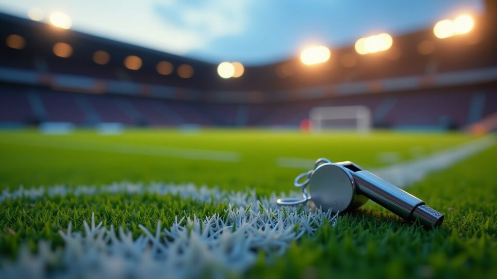 A silver referee's whistle lies on the grass by a white line in an evening stadium.