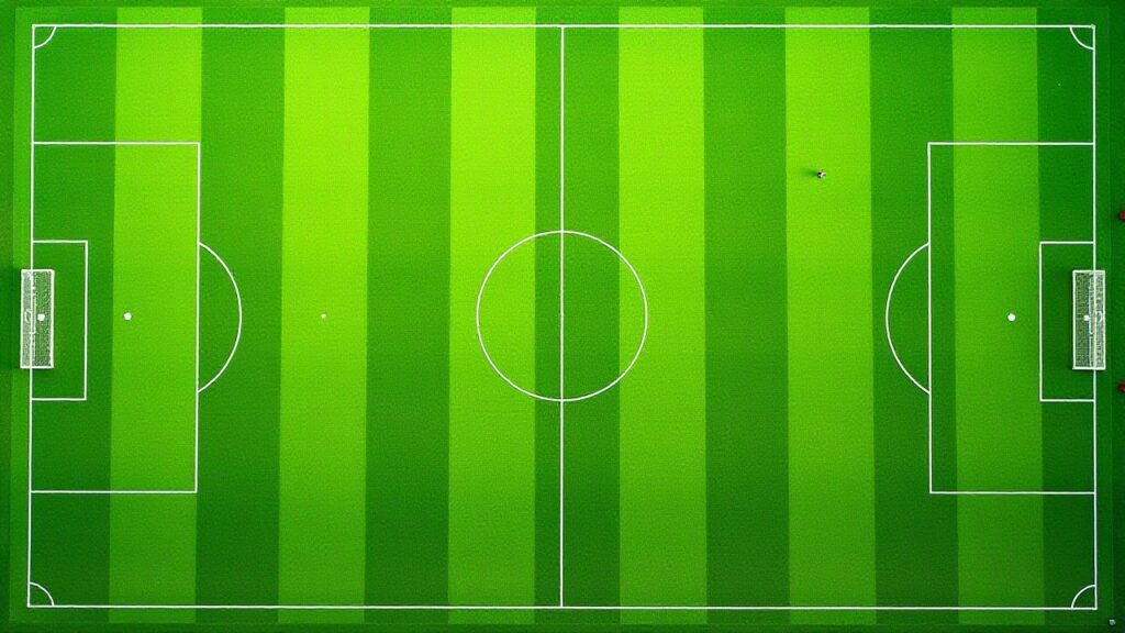 An overhead view of a striped green football pitch with white markings and two goals.