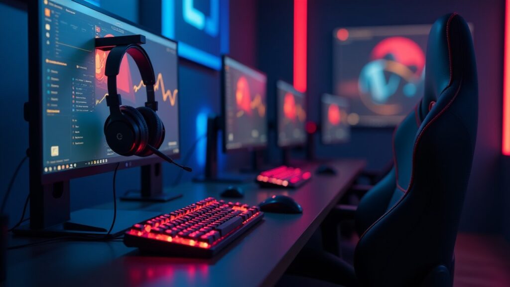 A headset hangs on a monitor beside glowing keyboards and gaming chairs in a dark room.