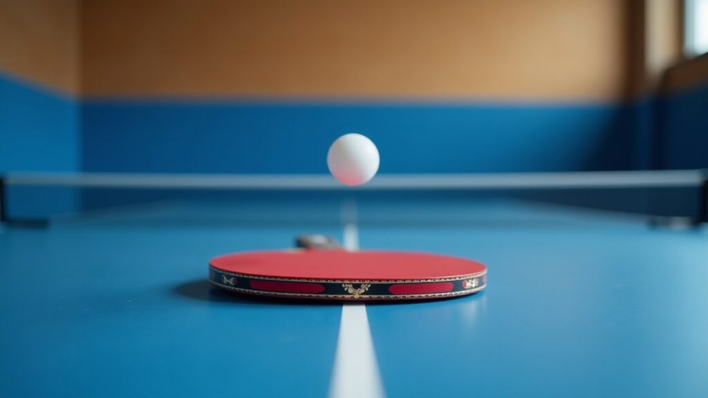 A table tennis ball floats above a red paddle resting on a blue table near the net.