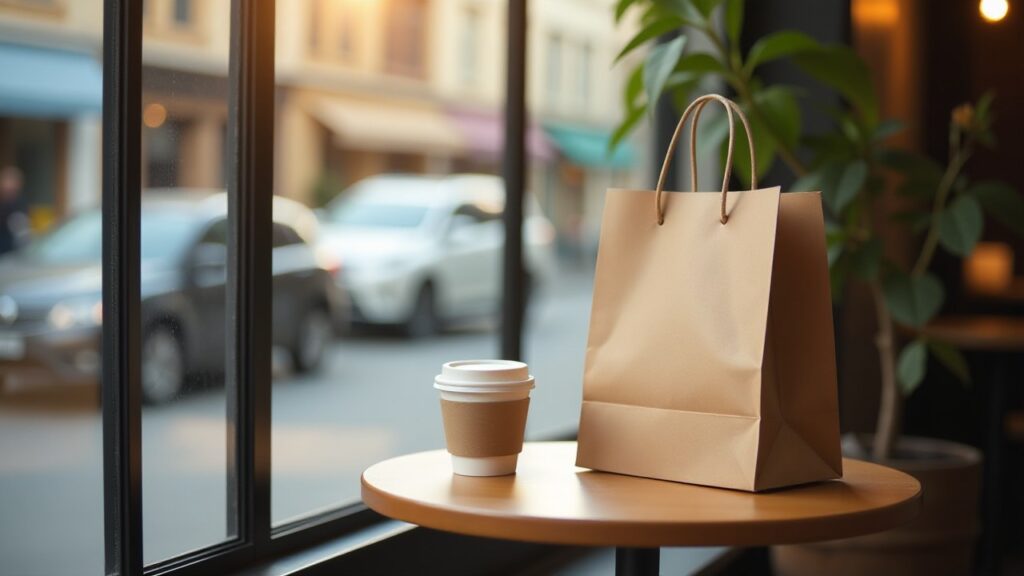 A brown paper shopping bag and a takeaway coffee cup sit on a round wooden table by a café window.