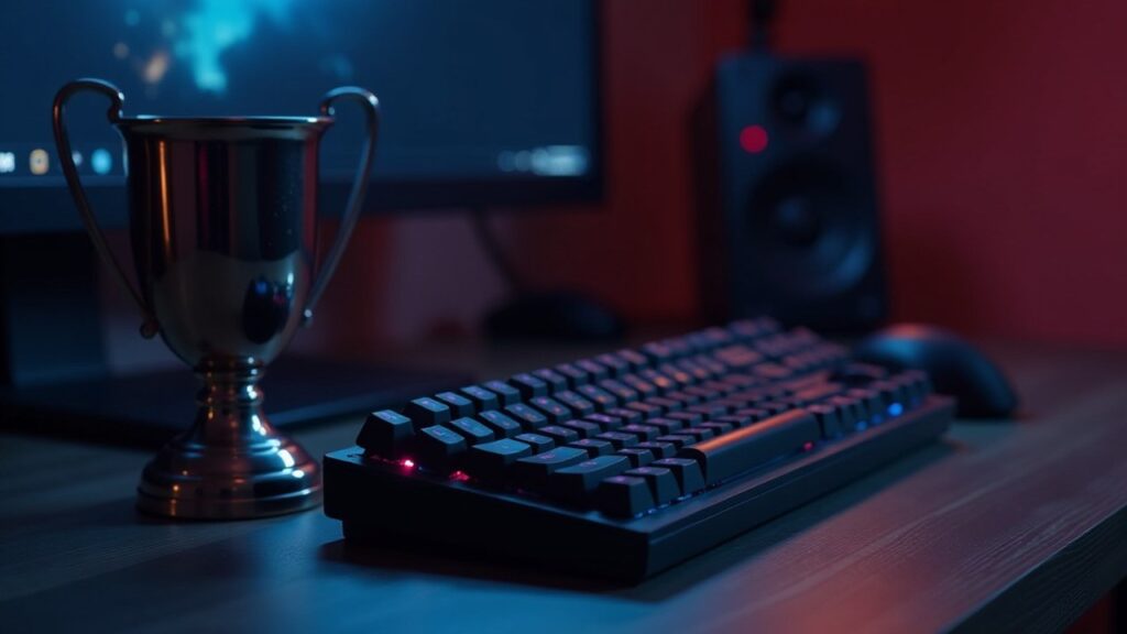 A silver trophy stands next to a backlit gaming keyboard on a dark desk.