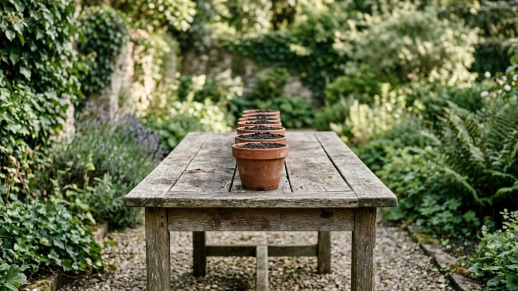 A row of terracotta pots holding only soil sits on a weathered wooden table in a green garden.