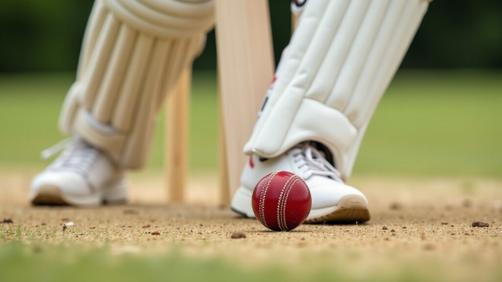 A red cricket ball rolls towards a batter's padded legs and shoe in front of the stumps.