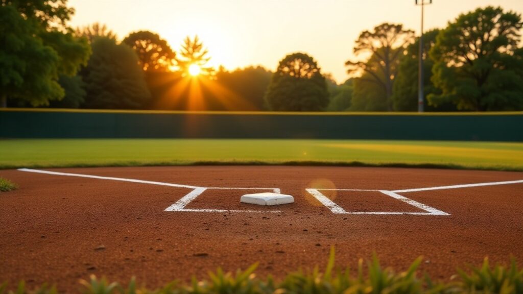 Home plate and the batter's boxes on a small baseball field at sunset.