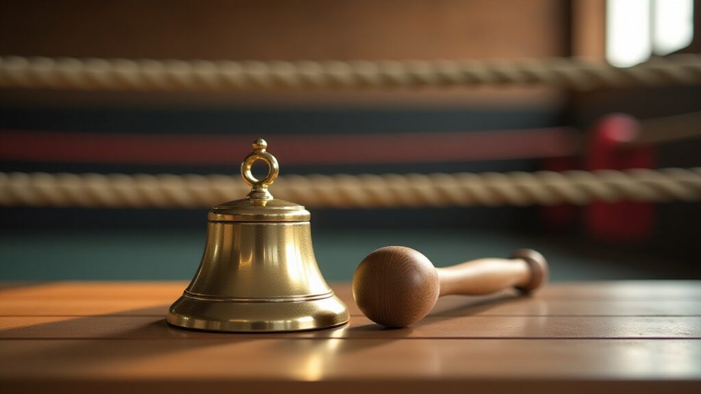 A brass ring bell and a wooden striker sit on a table beside the ring ropes.