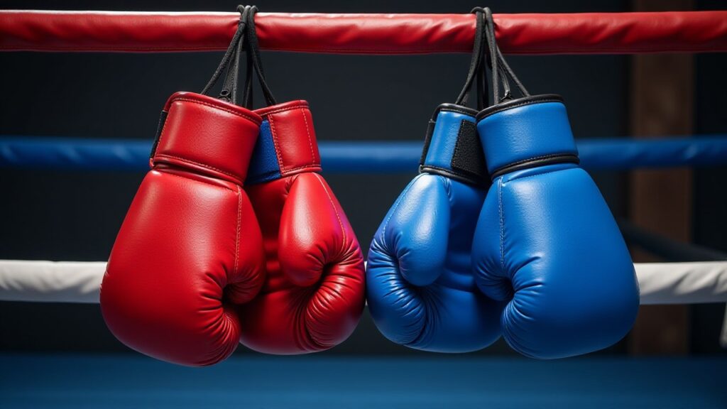 A pair of red gloves and a pair of blue gloves hang from the ropes of a ring.