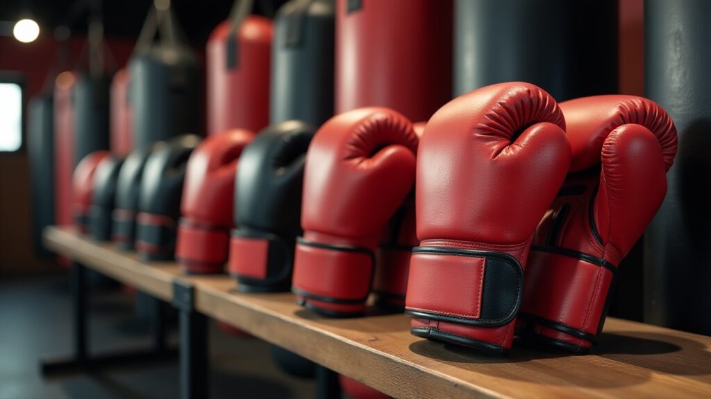 Rows of red and black gloves sit on a wooden bench in front of hanging heavy bags.