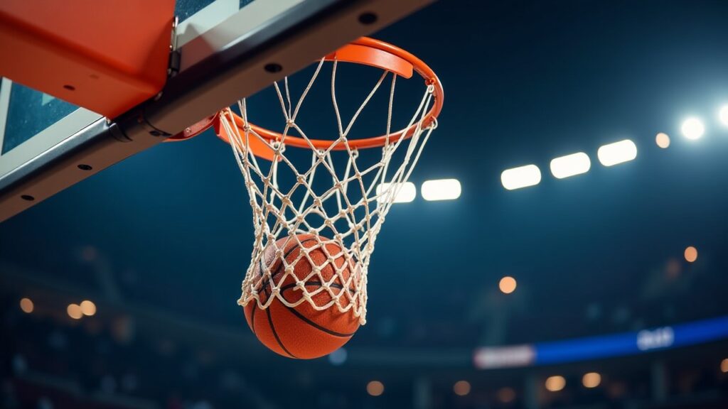 A basketball drops through the net of an orange hoop under arena lights.