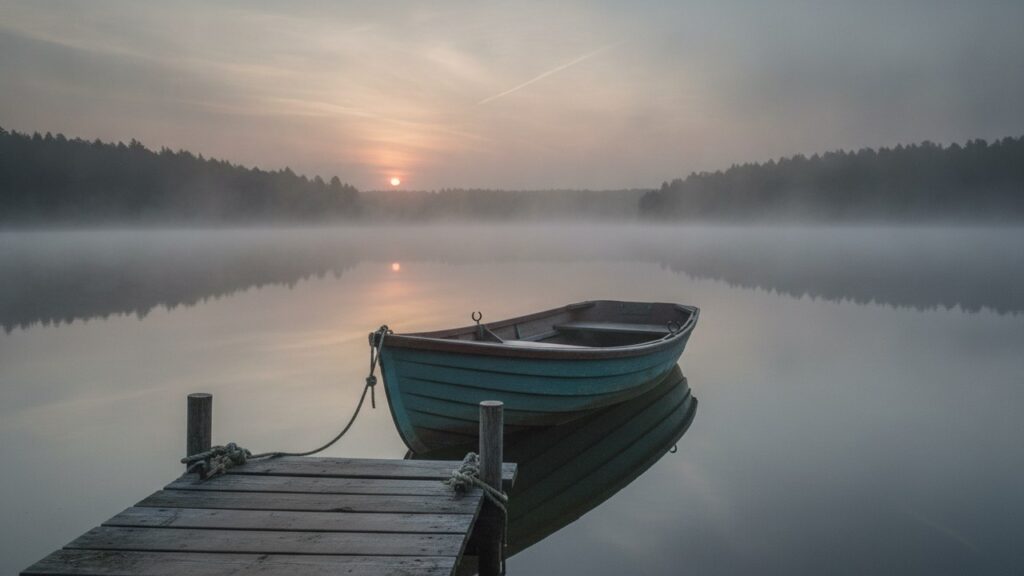 A wooden rowboat moored at a lakeside jetty in morning mist on still water.