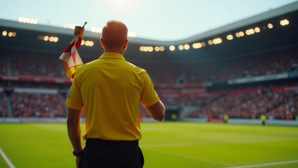 An assistant referee in a yellow shirt holds a chequered flag beside a floodlit stadium pitch.