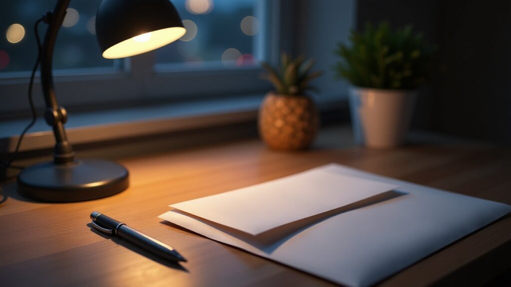 A pen and a small stack of white envelopes lie on a wooden desk under a lit desk lamp at night.
