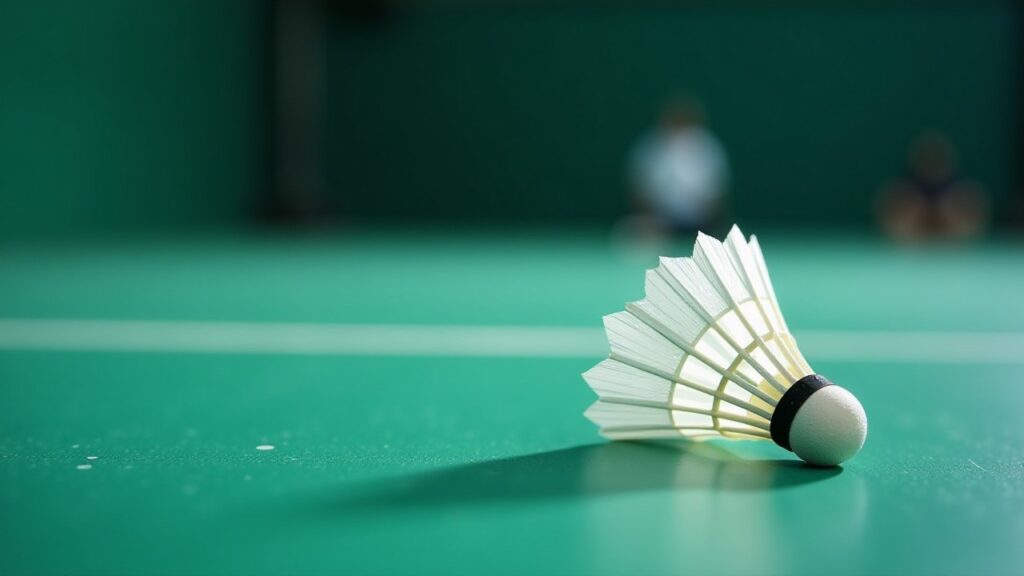 A white feather shuttlecock lies on a green badminton court.