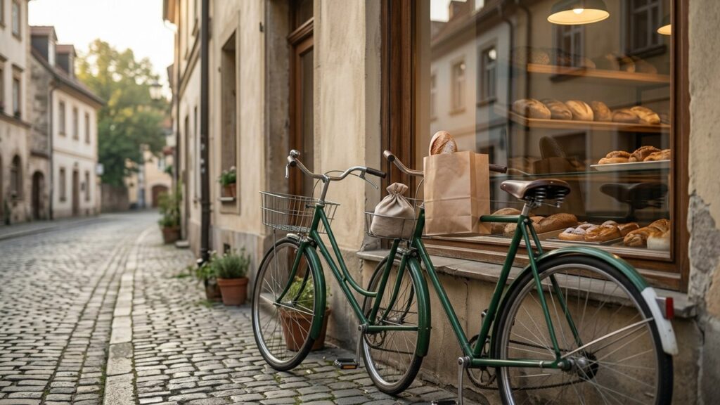 A green bicycle with a basket of bread bags leans against a bakery window on a cobbled street.