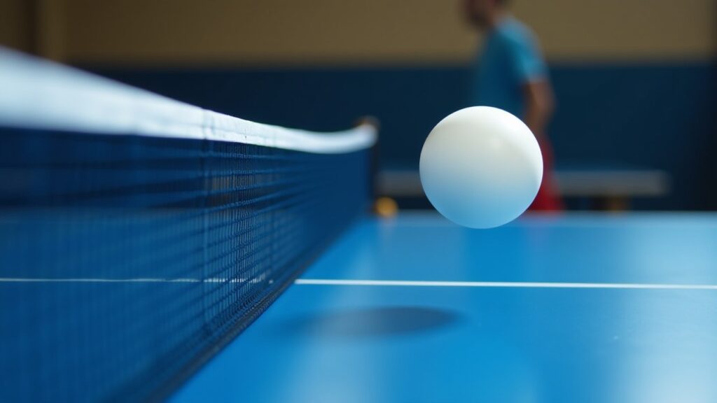 A white table tennis ball flies over the net above a blue table.