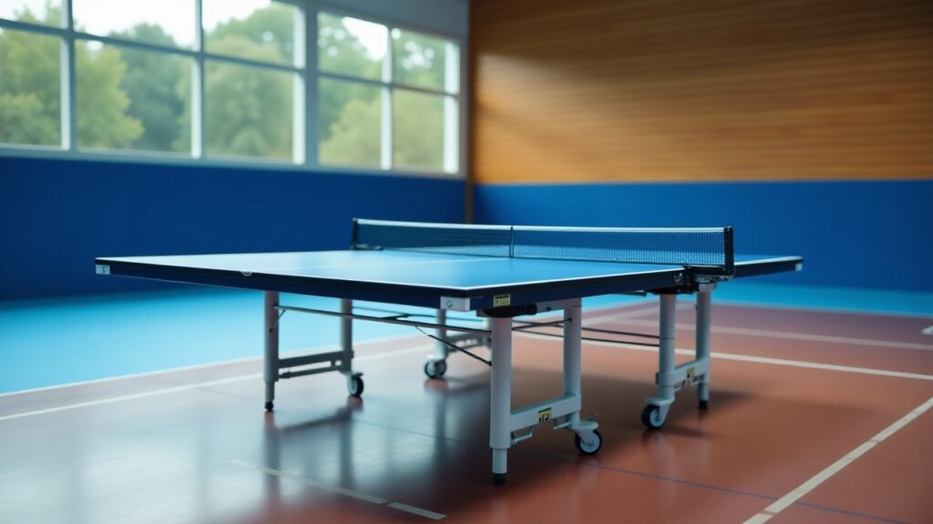 A blue table tennis table with its net stands in an empty sports hall.