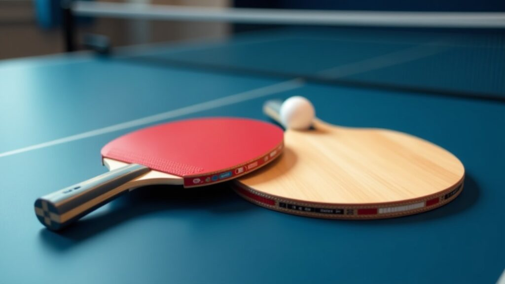 Two table tennis paddles and a white ball lie on a blue table near the net.